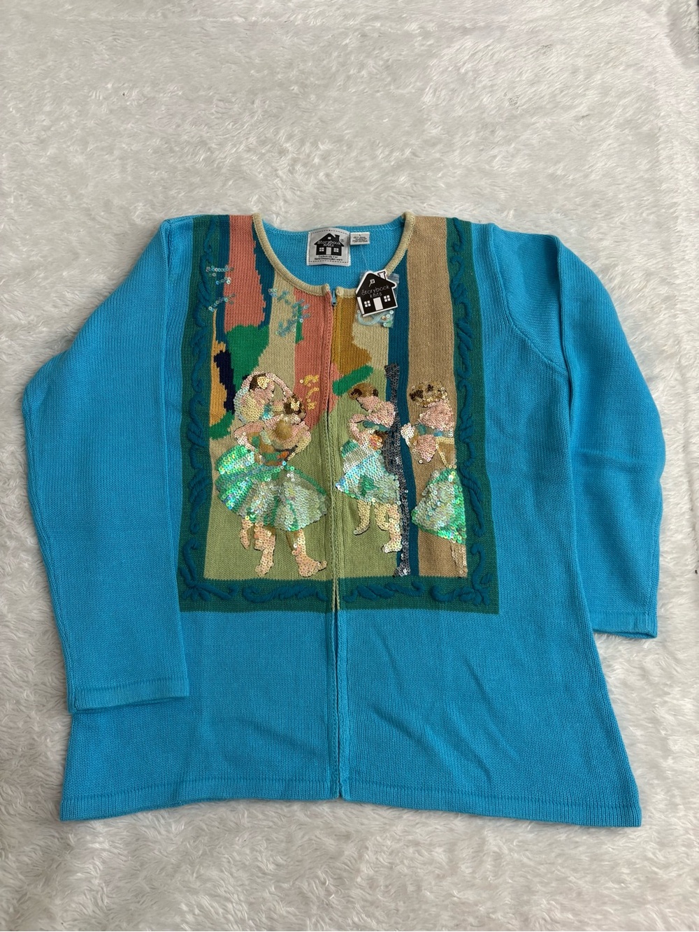 VTG Storybook Knits Gauguin "Two Tahitian Women" sequin cardigan sweater L Artsy
